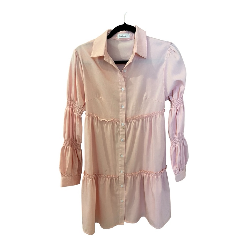 Paintcolors Button-Up Long-Sleeved Mini Dress, Size S, Pink, Ruffles & Smocking.